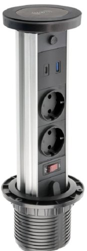 Розетка встраиваемая выдвижная механическая GTV 2-м+беспроводная зарядка+2xUSB Ø80мм черный фото Розетка встраиваемая выдвижная механическая GTV 2-м+беспроводная зарядка+2xUSB Ø80мм черный картинка